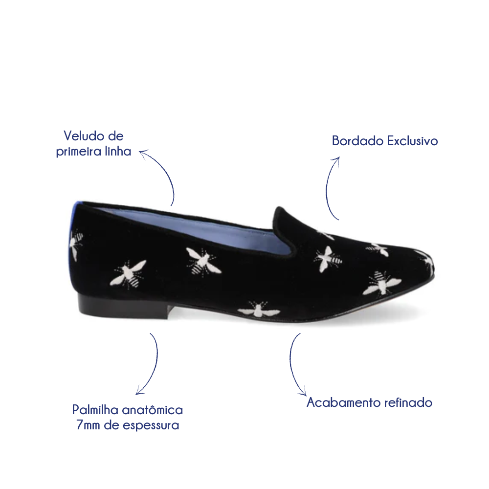 Loafer Veludo Bees Preto