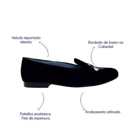 Loafer Green Insect Veludo Preto