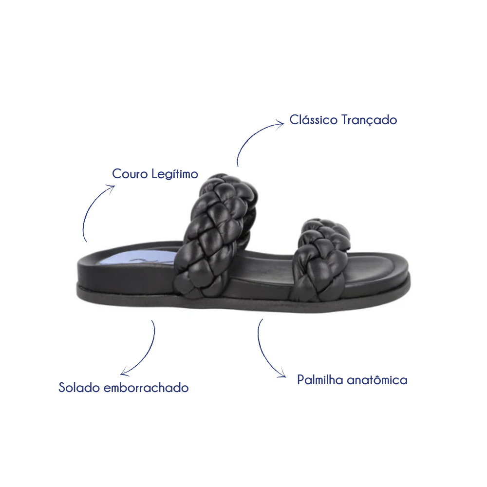 Slider Trançada Couro Preto