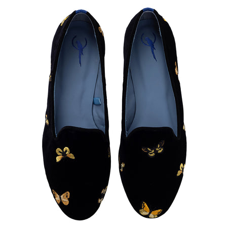 Mocassim Loafer Borboletas Gold Veludo Preto