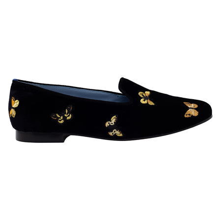 Mocassim Loafer Borboletas Gold Veludo Preto