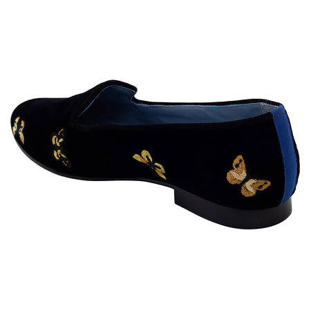 Mocassim Loafer Borboletas Gold Veludo Preto