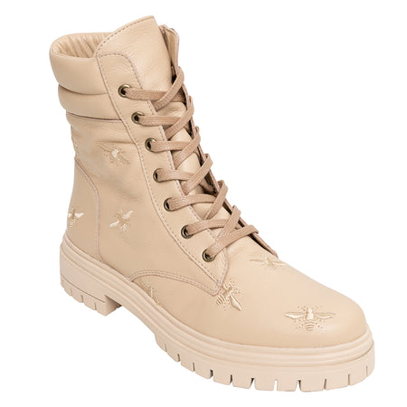 Bota Biker Bees Couro Bege