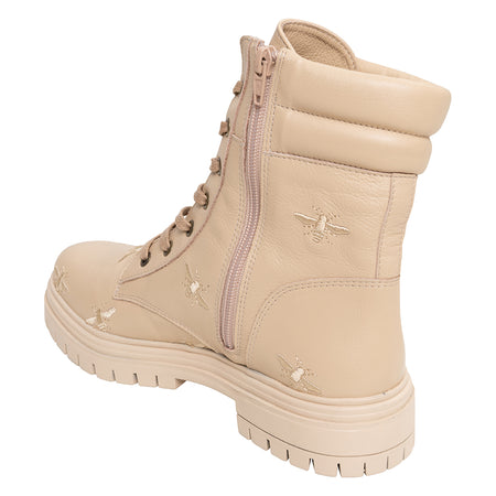 Bota Biker Bees Couro Bege